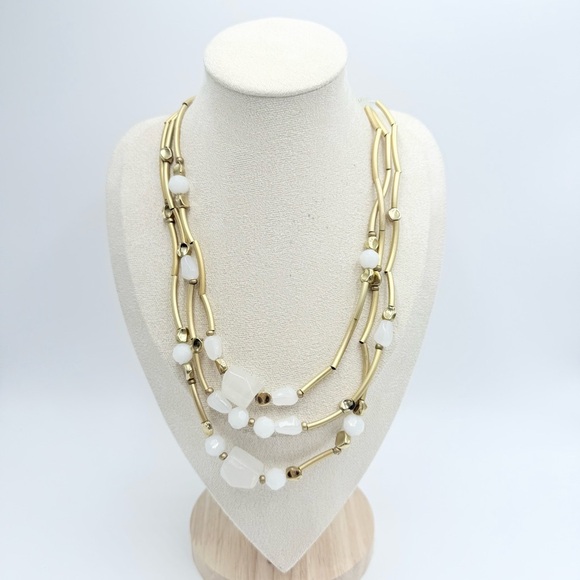 Chico’s Layered Matte Gold-Tone Necklace with Milky Quartz & Wavy Tube Chain - Picture 1 of 7